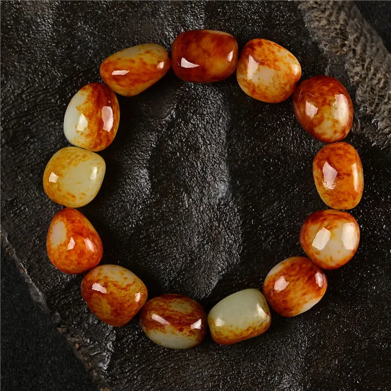 

Genuine Natural Hetian Jades Seed Stone Bracelet Men Women Raw Jade With Skin Nephrite Beads Tumbled Stones Bracelets Bangles