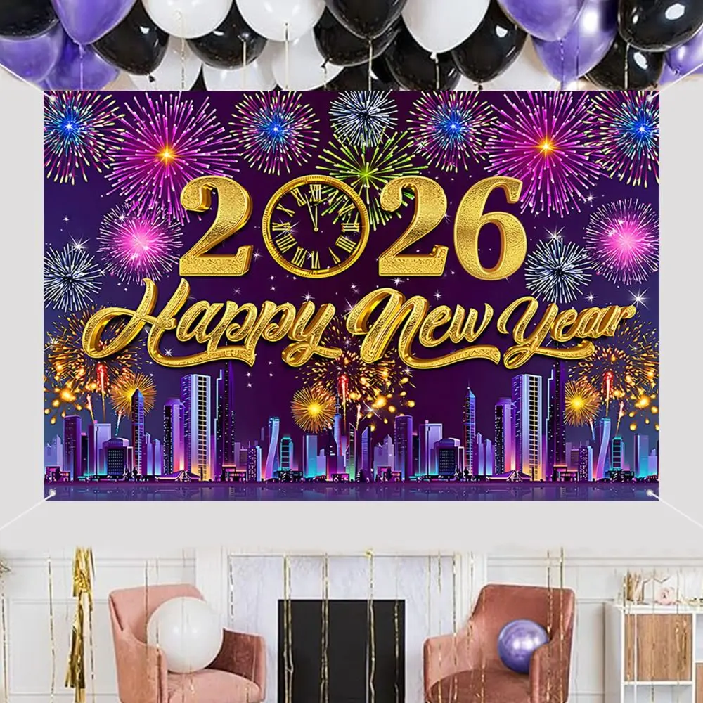 Shiny 2026 New Year Backdrop Banner Colorful Balloon Letter Photography Background Champagne Night Glittering