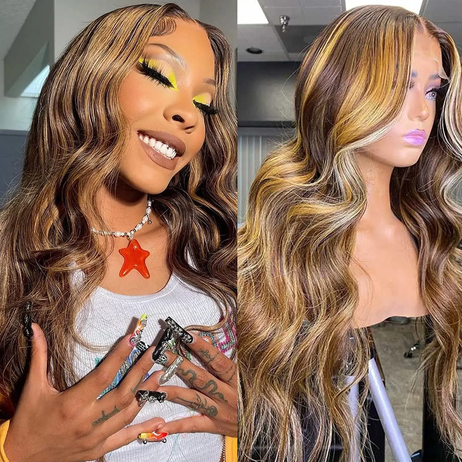 

Парик с эффектом омбре 30 дюймов, волнистые передние парики HD 13 х4, натуральные волосы медового цвета, блонд, на сетке 4/27, для женщин