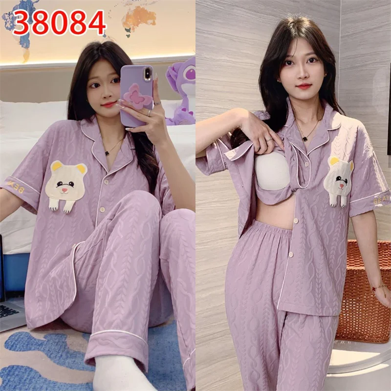 New Short Sleeve Sleepwear Women Matching Home Set Cotton Loose Sweet Cartoon Prints Leisure Thin Nightwear for Summer