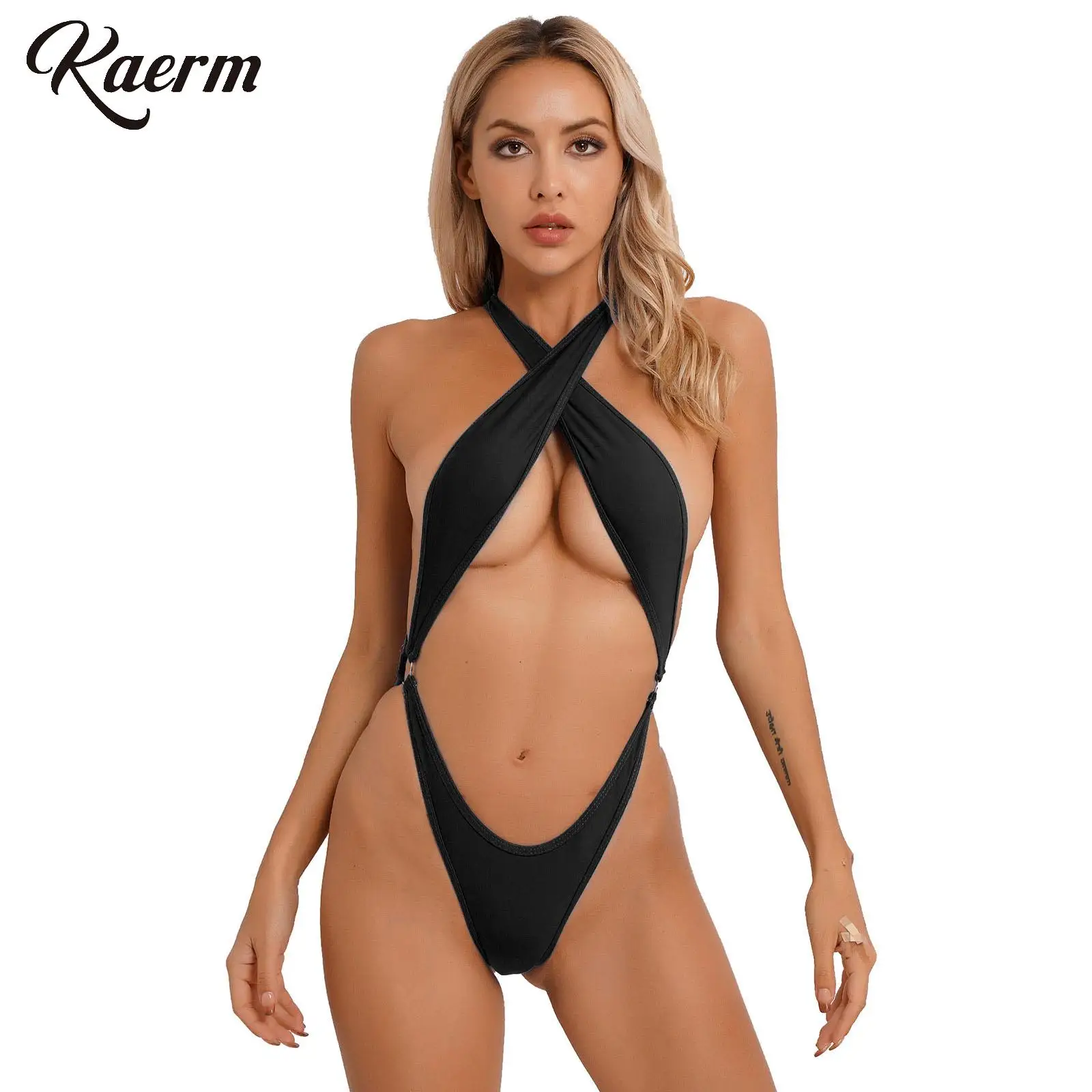 

Woman's Solid Color Halter Crisscross Bra Cutout One Piece Monokini Sexy Micro Sling Shoot Bikini Swimsuit Teddy Bodysuit