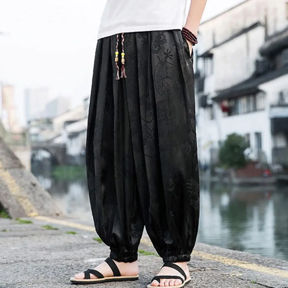 

Elastiwaist Drawstring Trousers Dragon Print Boho Harem Pants for Men Loose Breathable Ankle-banded Yoga Pants with Soft Fabric