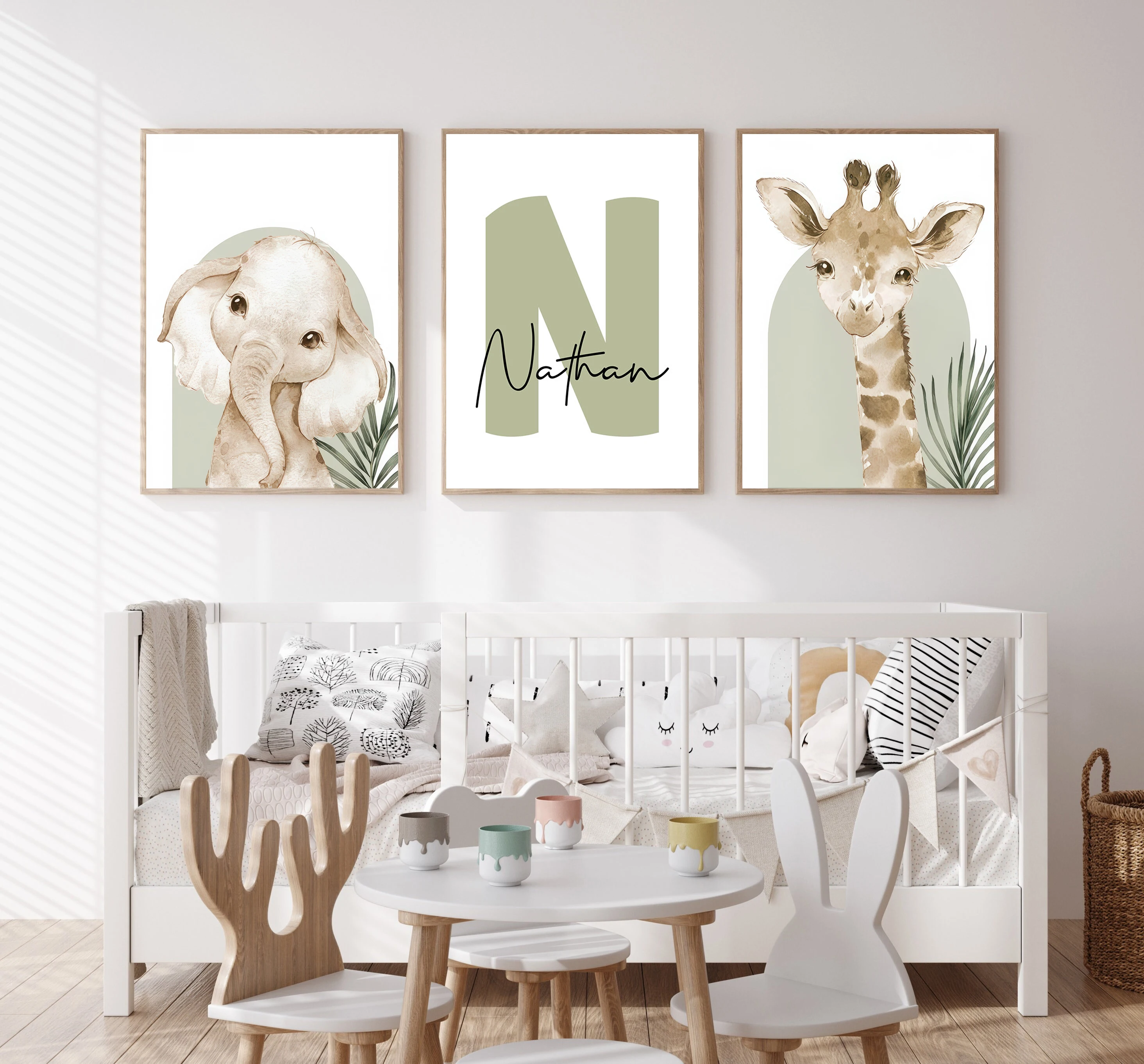 3pcs/set Customized Personalized Name Safari Canvas Print Animals Elephant Giraffe Nursery Birthday Gift Poster for Home Decor 4