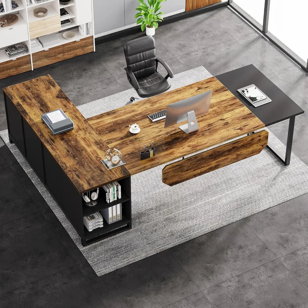 Executive Desk 70.8" 55" File , L Shaped Computer Desk Storage Shelves and Cabinet, Large L Shaped Executive Home Office