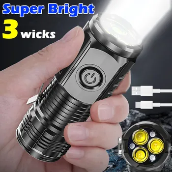 휴대용 미니 LED 손전등, USB 충전식 내장 배터리, 펜 클립 및 테일 마그넷 포함, 3LED 울트라 스트롱 라이트