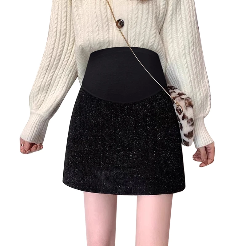 Japanese Style Pregnant Woman Belly Skirt Winter Black Elegant Office Lady Belly Skirts Slim Hips Maternity A-line Mini Skirts