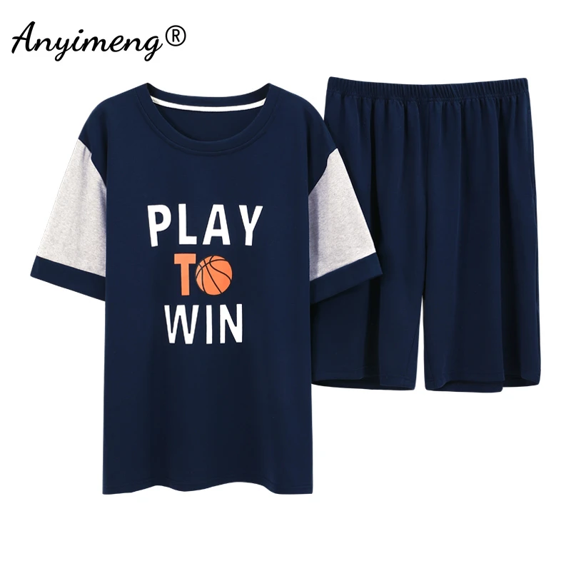 100% Cotton Youth Men Pajamas Soft Breathable Sleepwear Leisure Summer Shorts Homewear Pullover Basketball Printing Fashion Pjs mens silk pajama set