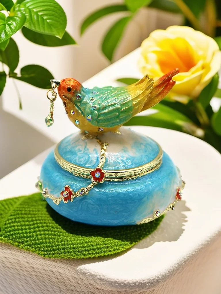 Hand Painted Enameled samll bird's round Trinket Box for women Home Decoration storeage box for jewelry birthday gift