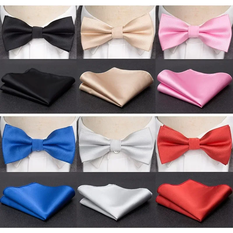 Mens Bowtie Cravat Set Bow Tie Solid Black Pink Red Fashion Butterfly Ties for Men Handkerchief Party Man Gift Wedding Dress Accessories