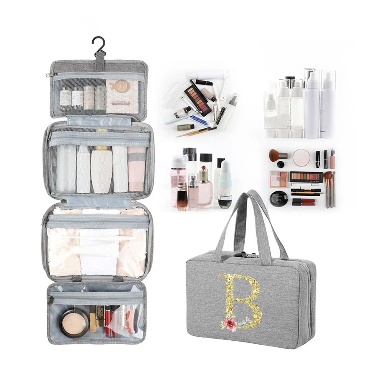 Golden letter printed travel waterproof folding dry wet separation toiletries bag with large capacity cosmetic storage bag