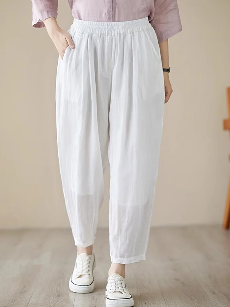 2023 New Summer Loose Pleated Radish Leggings Vintage Cropped Harem Pants Double Layers Thin Lantern Pants Pantalones De Mujer