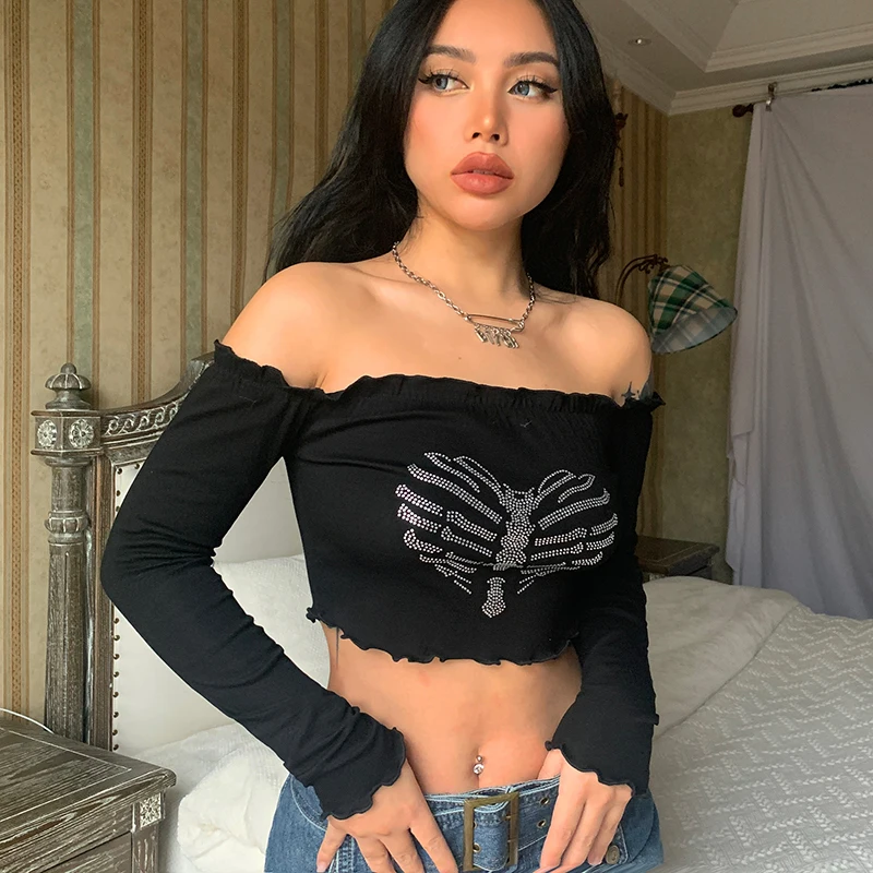 Off Shoulder Sexy Gothic Crop Top T-Shirts Grunge Clothing Tee Cyber Y2K Shirt Core Tops Women Clothes crop Rhinestone Skeleton