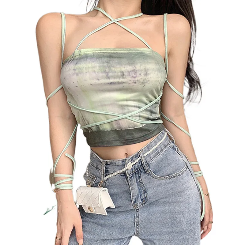  Female Camisole, Girls Tie-Dyed Sleeveless Crop Tops Spaghetti Strap Vest for Summer, Green 