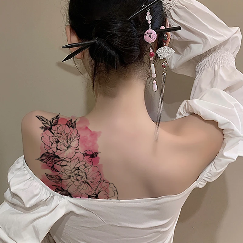 

Waterproof temporary tattoo sticker rose peony body art arm false sleeve tattoo female