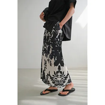 Elegante Minigonna a Pieghe Stile Francese con Stampa, Gonna Lunga da Donna a Vita Alta Slim Fit, Motivo Albero in Bianco e Nero Stile Acquerello