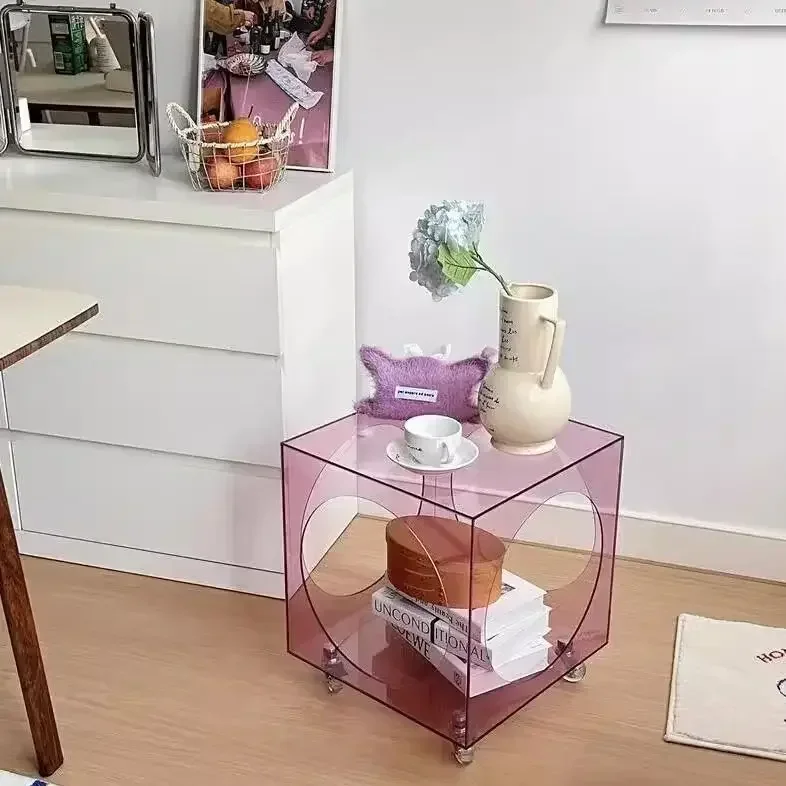 Acrylic Movable Trolley Coffee Table Sofa Side Table High-end Creative Bedside Large Capacity Storage Rack