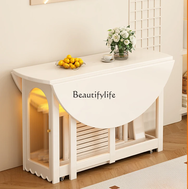 

round Solid Wood Folding Dining Tables and Chairs Set Cream Style Stone Plate Retractable Square and round Dual-Use