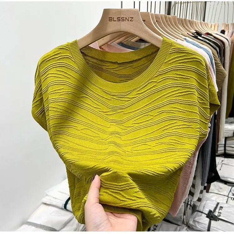 

Design short sleeved knit shirt for women with sleeveless shoulders 2023 summer new loose and unique irregular top