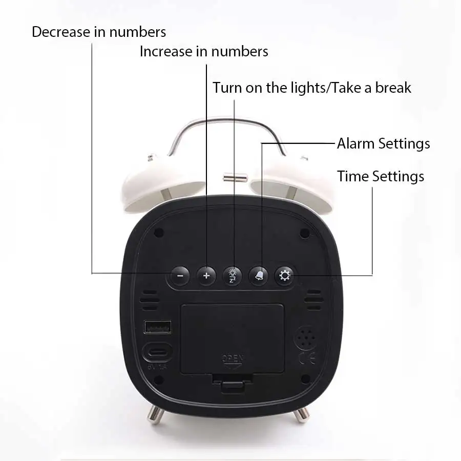 다기능 알람 시계 강력한 벨 소리가 나는 금속 알람 시계 LED 스크린 플러그인 어린이용 시계 (심부 수면자용) 홈 데코