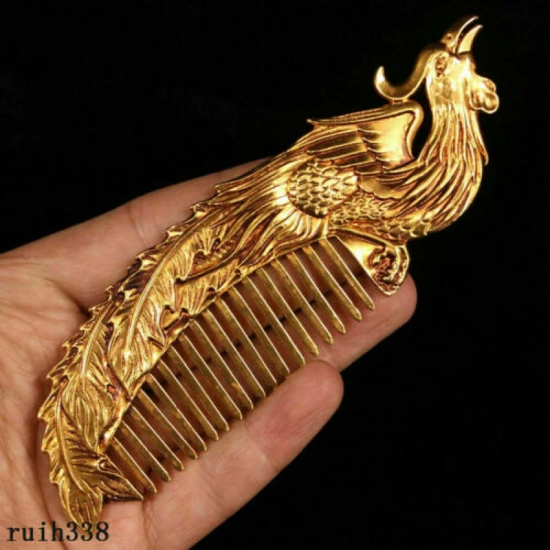 

5.8 Inch Vintage Antique Chinese Pure Copper Gold Plated Handmade Phoenix Pattern Comb