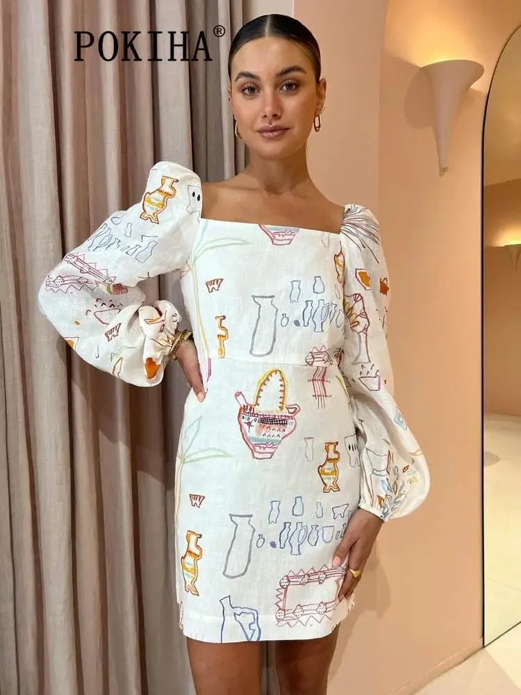 

2023 Elegant Women Graffiti Print Loose Off Shoulder Mini Dress Fashion Puff Long Sleeves Female Dress Vestidos Mujer Chic Robe