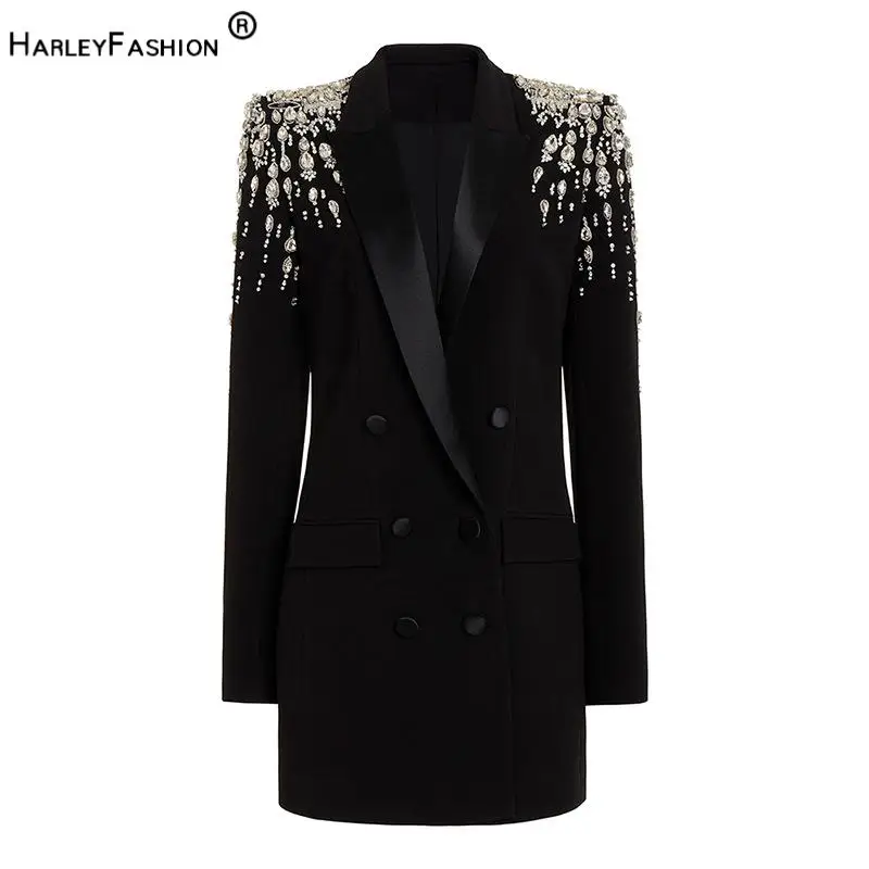 

Luxury Fine Workmanship Rhinestone Beading Shoulder Double-breasted Long Sleeve Women Office Blazer Short Mini Notched Dress