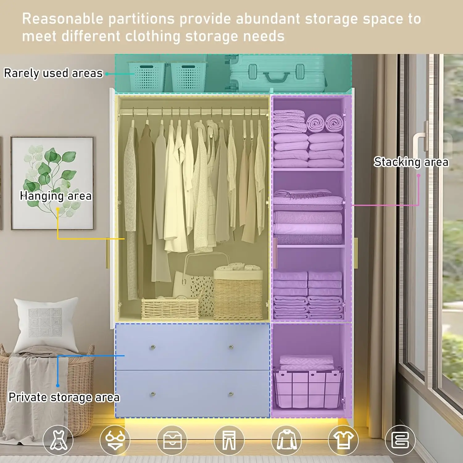 3-Door Wardrobe w/Mirror & LED Lights, Drawers & Shelves, Modern Wooden Armoire with Hanging Rod, White