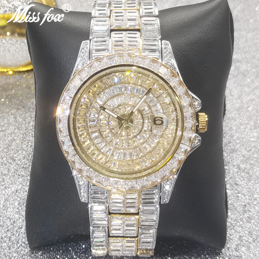 2022 MISSFOX New Full Baguette Diamond Men Watches Luxury 18K Original Automatic Date Quartz Watch Luminous Waterproof AAA Clock |