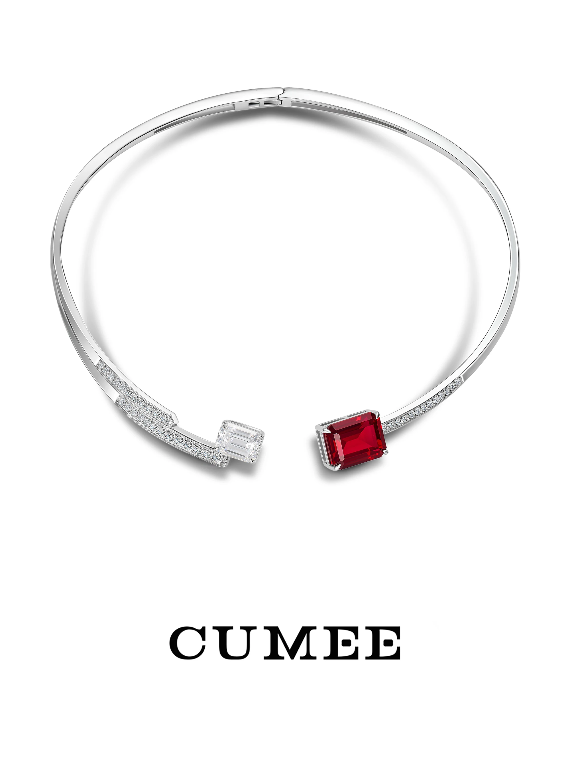 CUMEE Large Carat T-shaped Design Cultivation Synthetic Ruby Collar Necklace Open 925 sterling Silver Gold Plating 5