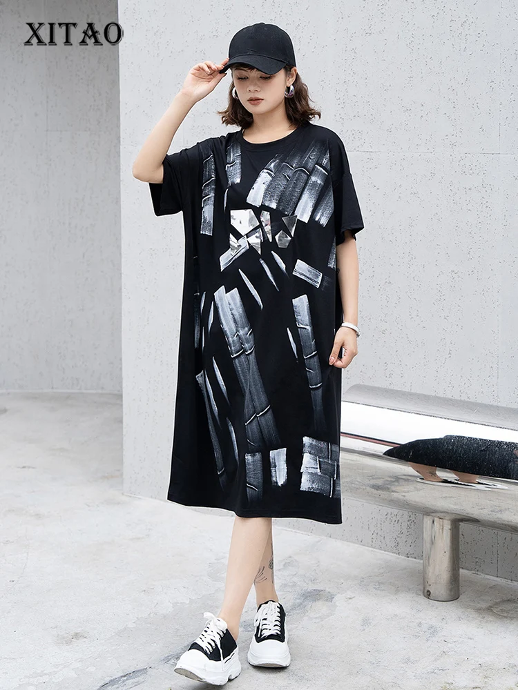 

XITAO Black Personality Print T-shirt Dress Loose Fashion Simplicity Casual Women Simplicity Dress 2024 Summer New WLD20180