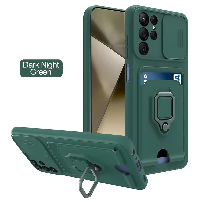 Slide Camera Case with Card Slots and Magnetic Ring Holder - Wallet Silicone Cover