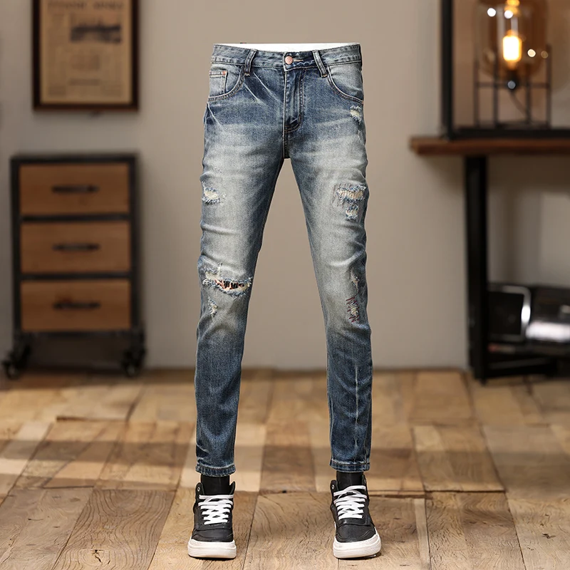Street Fashion Men jeans High Quality Retro Blue Stretch Slim Fit Ripped Jeans Men Patched Designer Vintage Denim Pants Hombre