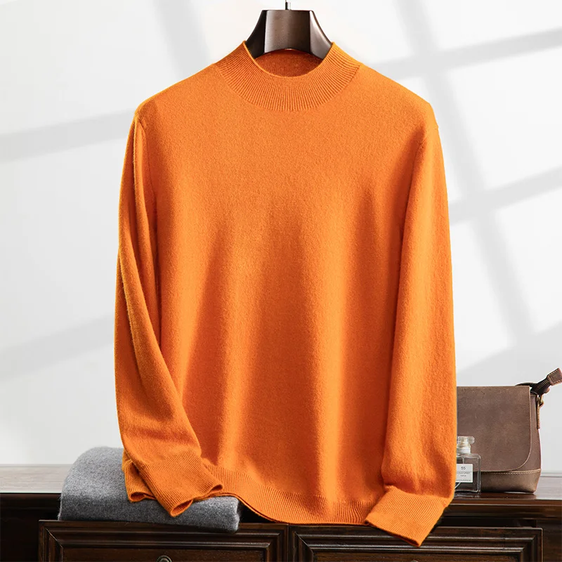 100% Cashmere Men's Sweater Spring Autumn New Thin Top Knitted Half High Collar Pullover Solid Color Long Sleeve Bottom Shirt 2