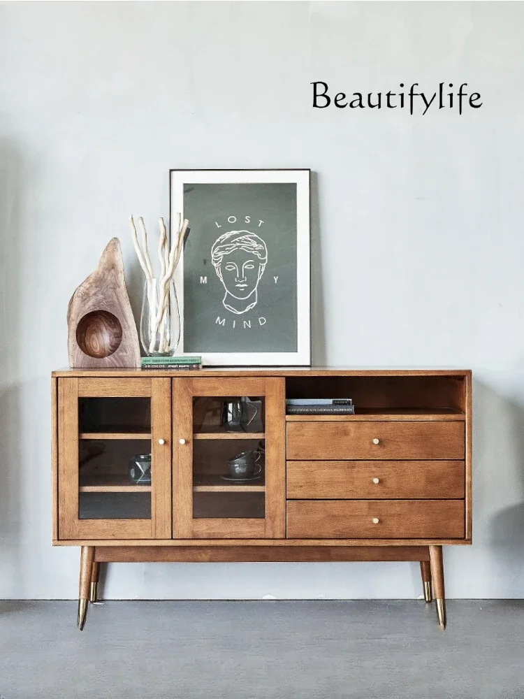 

Nordic Solid Wood Sideboard Cabinet Walnut Color Restaurant Storage Wine Cabinet Tea Chest of Drawers