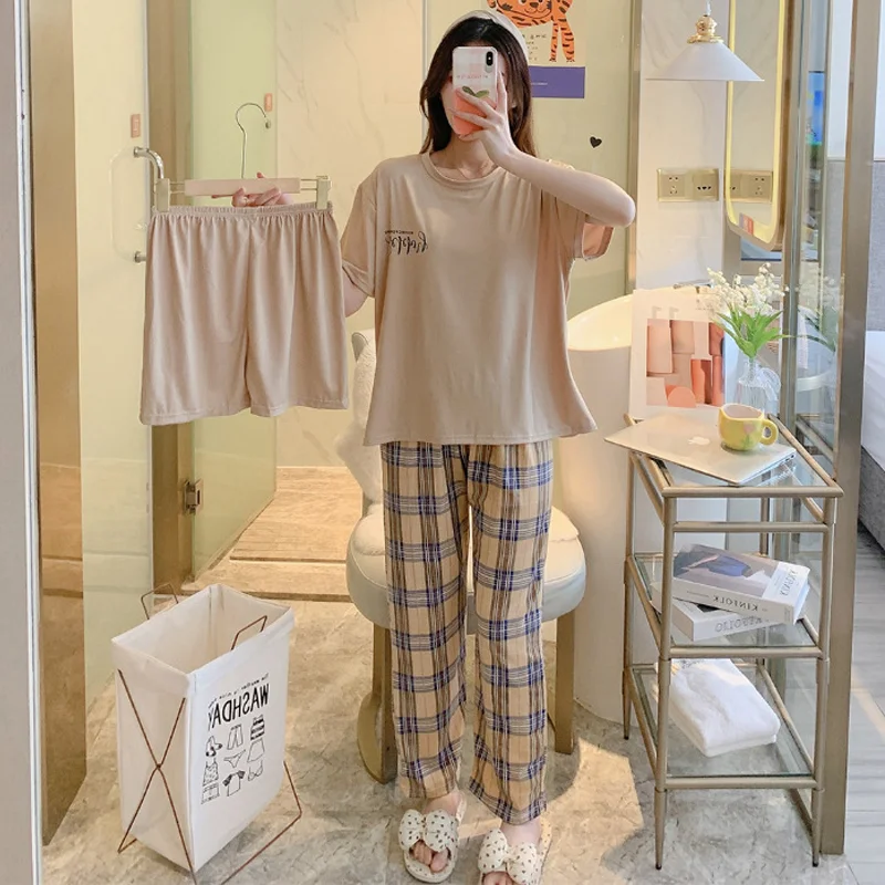 New women's summer three-piece pajamas homewear women short-sleeved trousers cartoon leisure women's homewear pajamas set 5 New women's summer three-piece pajamas homewear women short-sleeved trousers cartoon leisure women's homewear pajamas set - Image 5