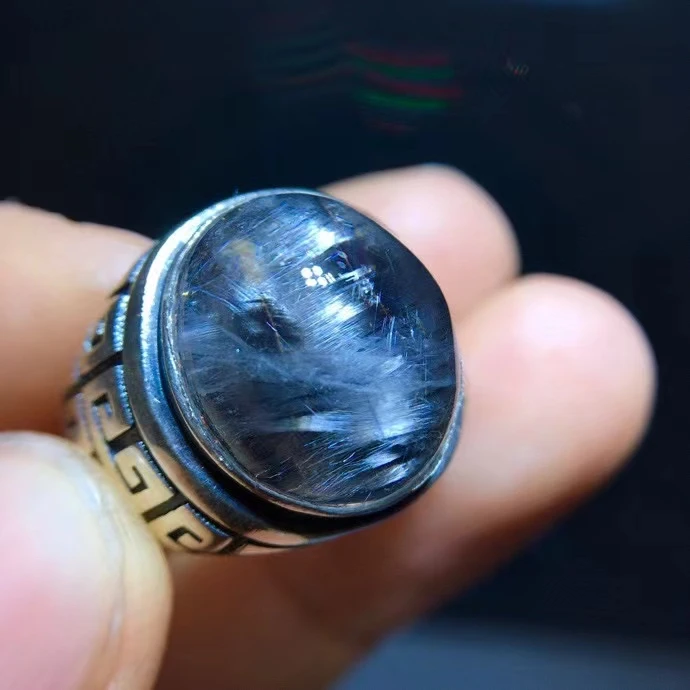 

Natural Brookite Black Platinum Rutilated Quartz Ring 925 Silver 14.5/12.7mm Woman Men Water Drop Lucky AAAAA