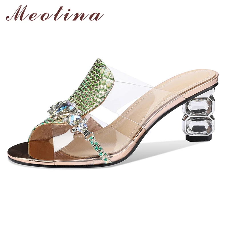 

Meotina Women Genuine Leather Slides Round Toe Strange Style High Heel Sandals Crystal Transparent Slippers Lady Shoes Summer 42