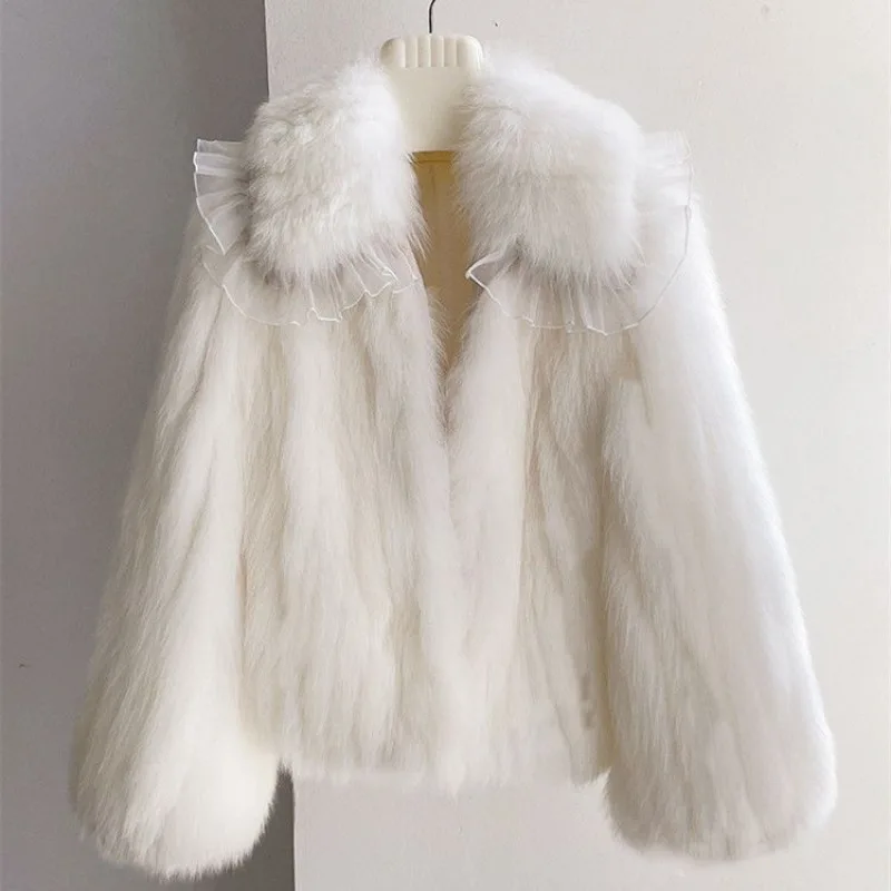 

2023 New Fur Coat Women's Fashion Lace Neck Short Jacket