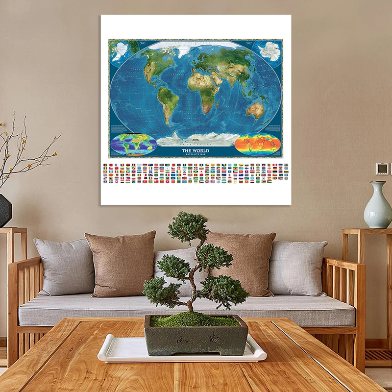 150X150cm Non-woven Spray World Map The World Satellite Map with Country Flag and Surface Temperature