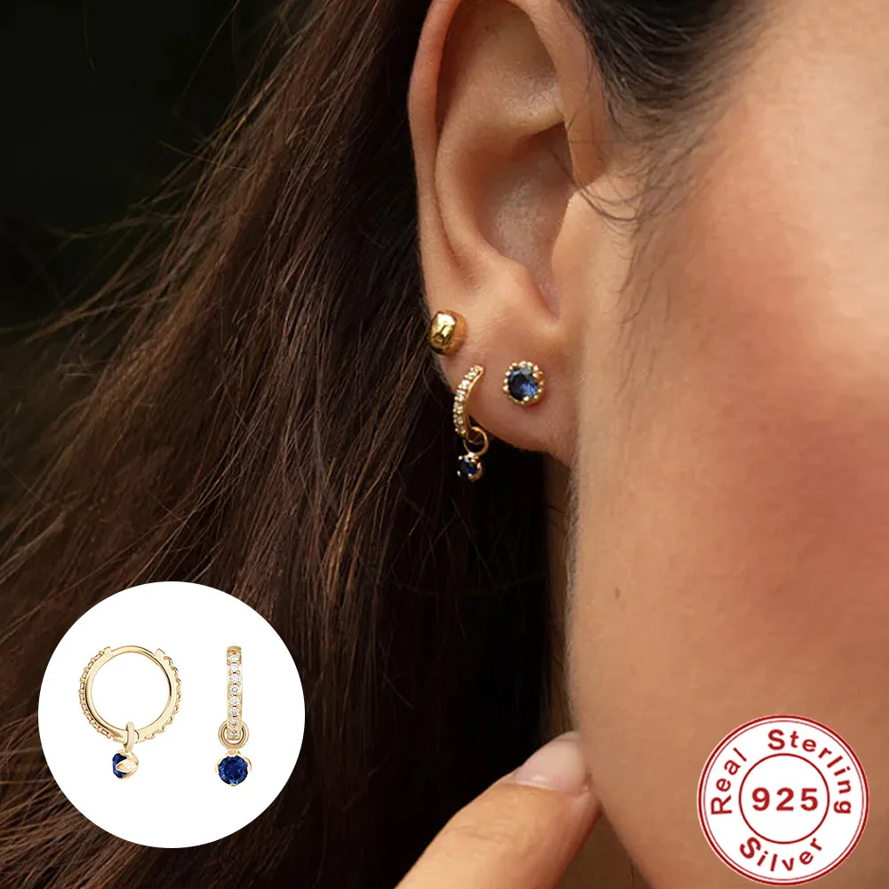 ROXI 컬러 미니 지르콘 매달려 귀 반지 여성용 9mm 귀 버클 Pendientes De Plata 925 Para Mujer