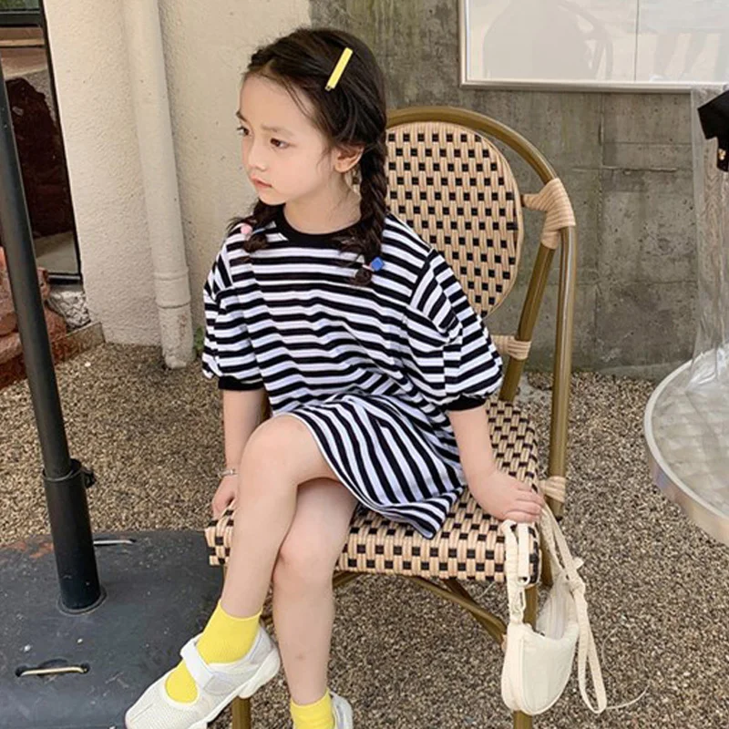 

Spring And Summer New Children Clothing Girls T-Shirt Striped Mid-Sleeve Top Sweater Dress Casual And Loose Kids Costume