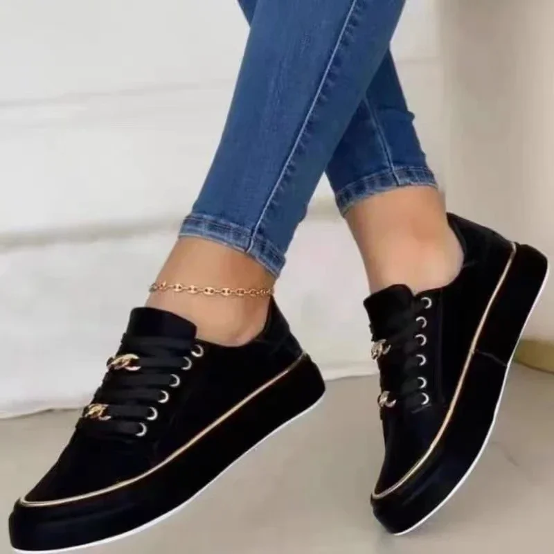 2023 Lace-Up Walking Ladies Vulcanize Shoes Women Sneakers Fashion Chain Leather Round Head Platform Sports Shoes  Zapatos Mujer
