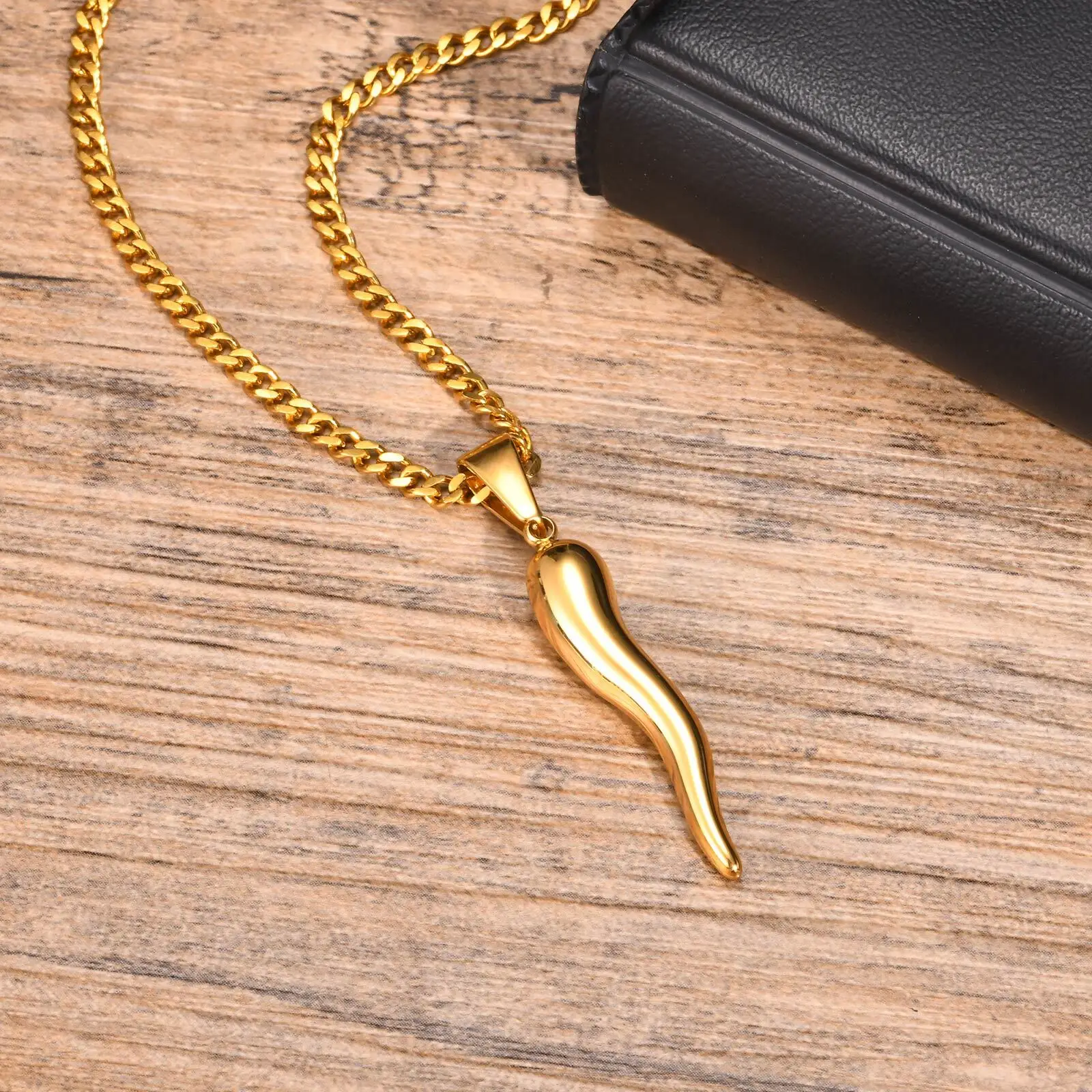 U7 Black Italian Horn Necklace Vintage Silver Amulet Pendant Talisman Cornicello For Men Women