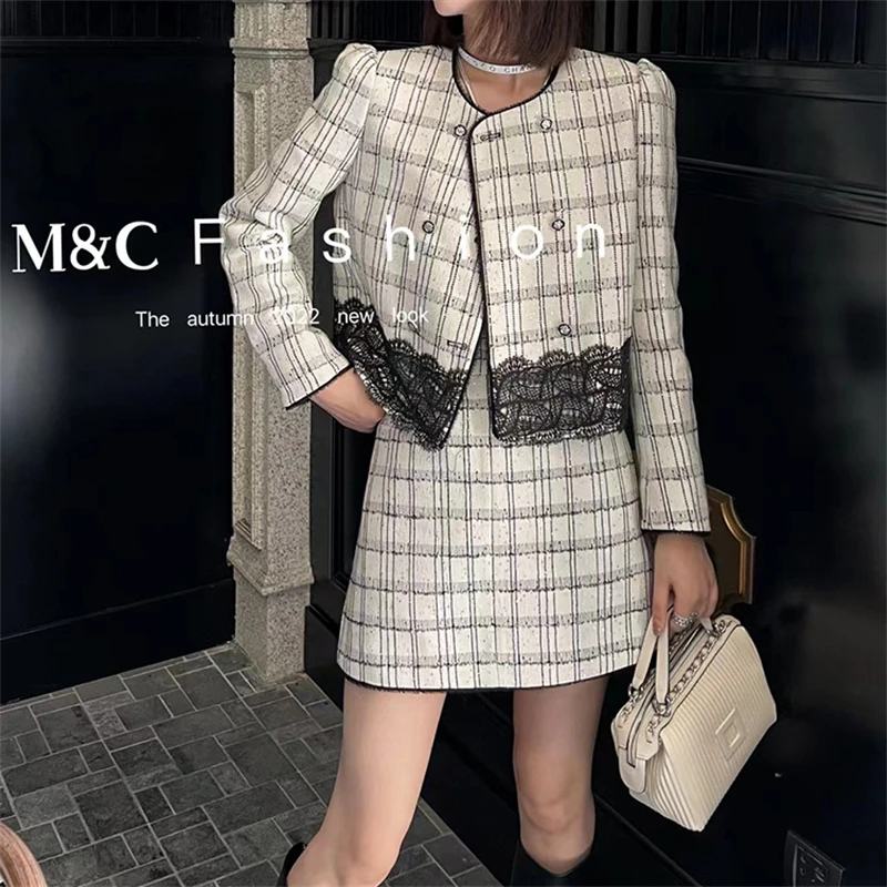 

Elegant Tweed Set Women 2023 Fall Winter Jacket + Skirt Especially Women Luxury Tweed 2 Piece Suit Korean Plaid Lace Cropped Top