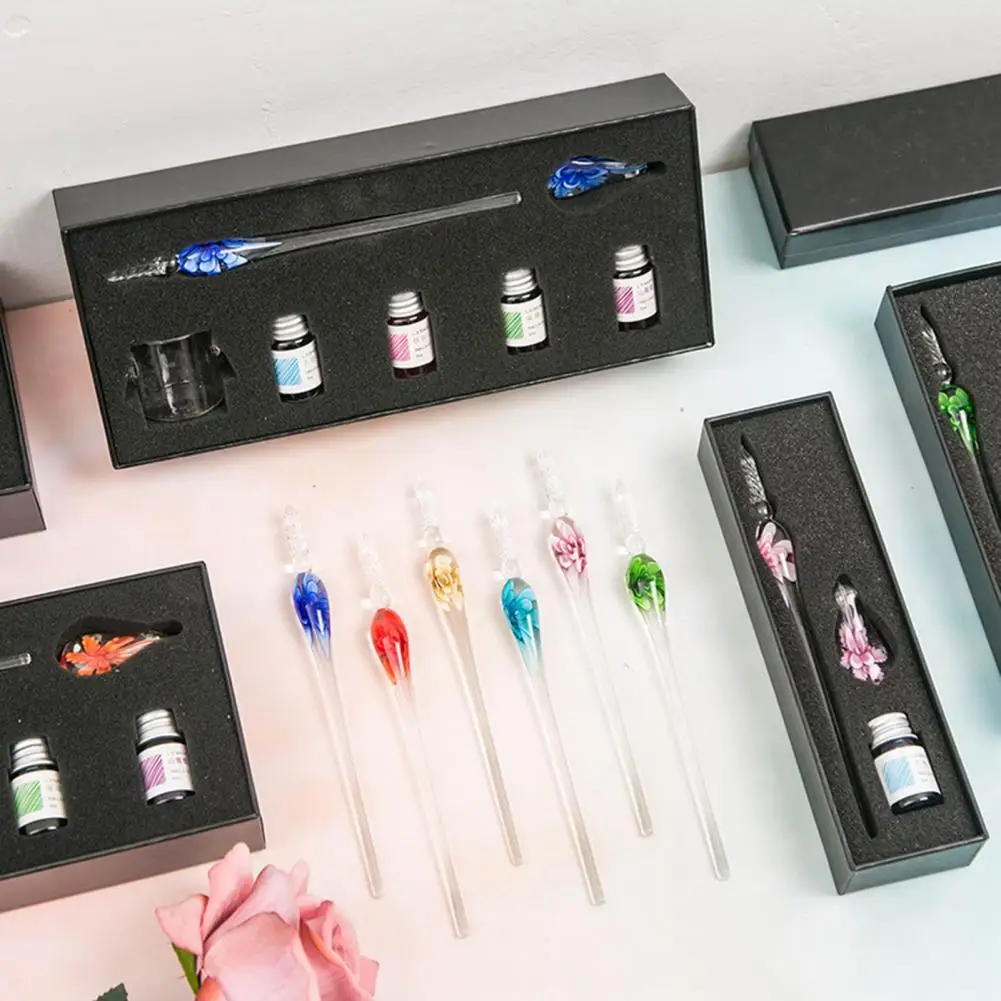 1 Set Glass Dip Pen with Ink Floral Glossy Fountain Pen Kit Smooth Writing Threaded Nib Crystal Ink Pen Set перо для письма 글라스펜