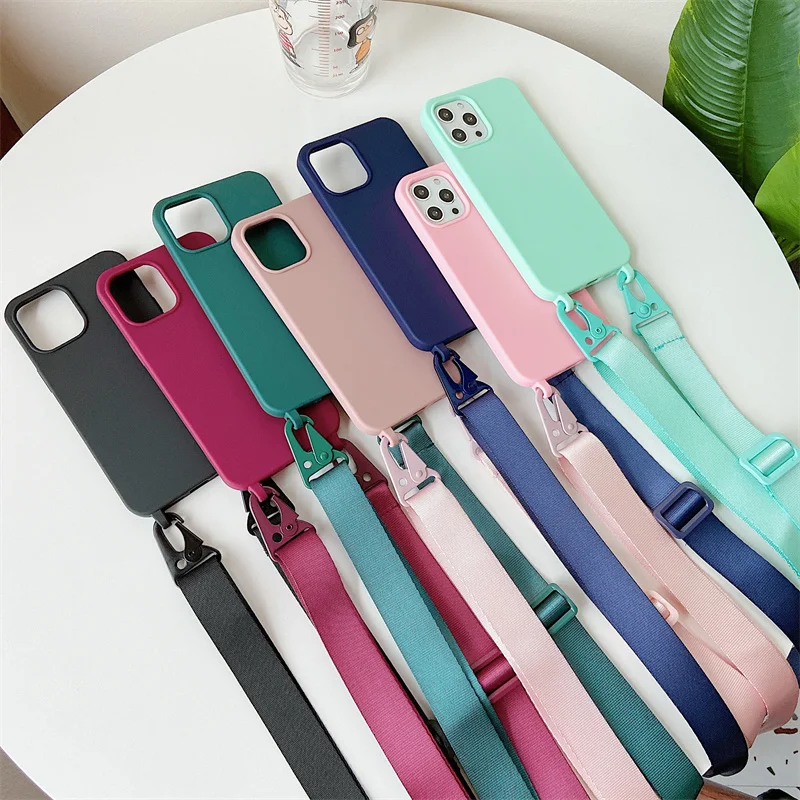 

Luxury Crossbody Necklace Cord With Lanyard Liquid Silicone Phone Case For iPhone 15 14 13 12 11 Pro Max 7 8plus X XS Soft Cover