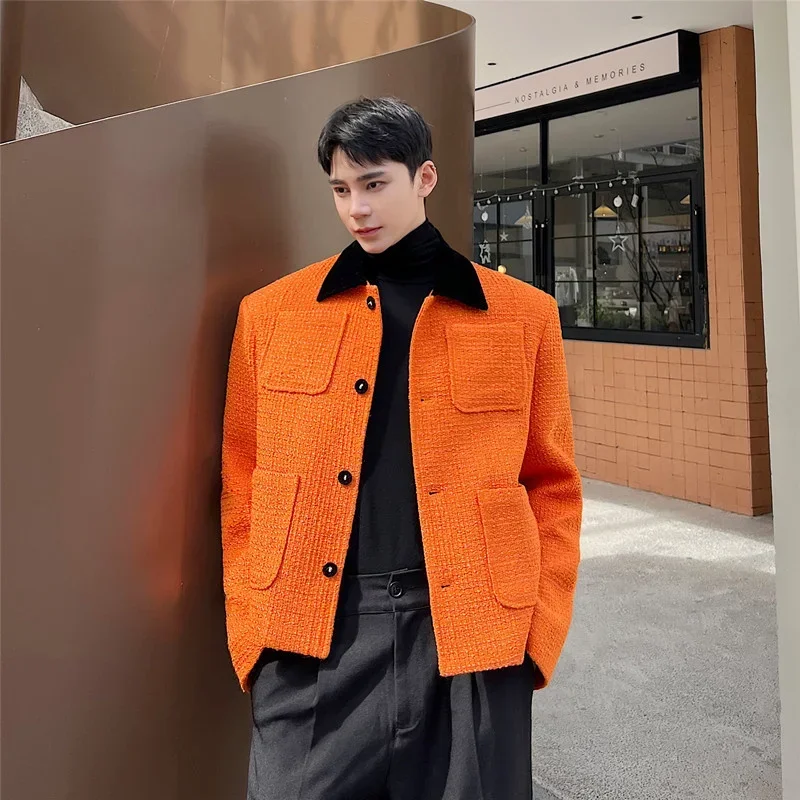 Personality Orange Turn-down Collar Suit Coat Classic Korean Style Fashion Temperament Single Breasted Blazer Men WA802