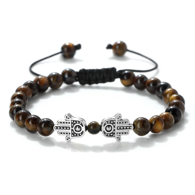 Bracelet pendentif main de Hamsa en perles naturelles œil de tigre et pierre de lave, tressé, pour femmes, hommes, couples, bijou porte-bonheur et protection, cadeau