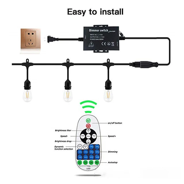 Adust 1500W Outdoor Dimmer for String Lights, Wireless RF Remote Plug-In Dimmer