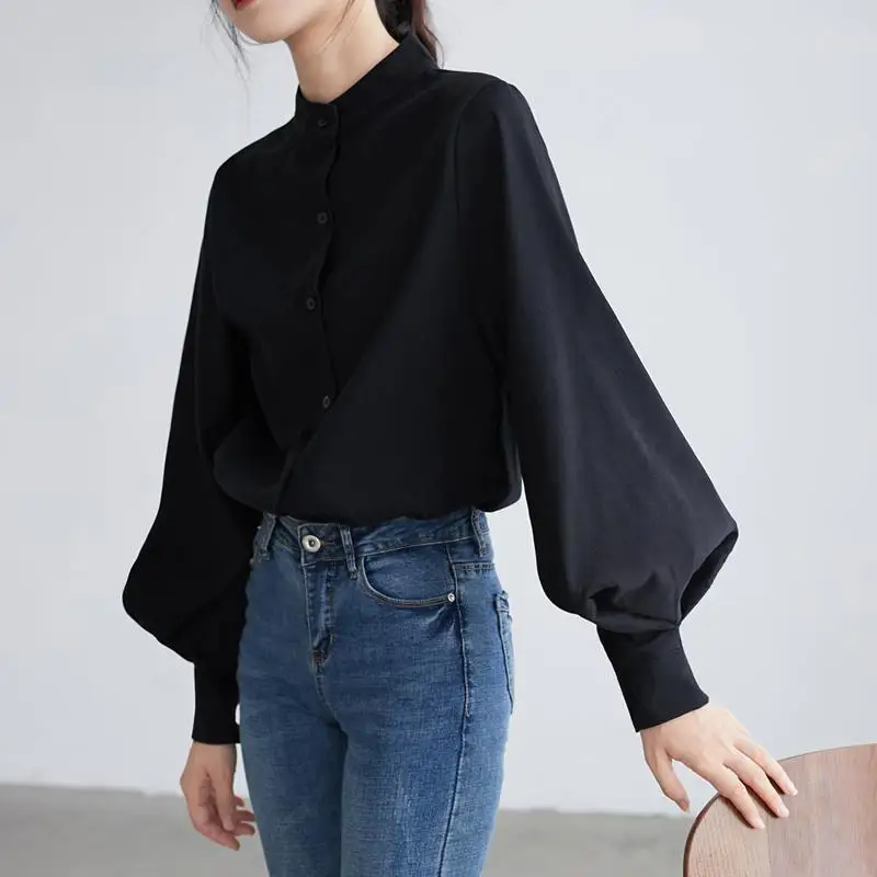 FSMG-Women Vintage Shirt with Stand Collar,Lantern Sleeves, Single-Row Button, Office Graceful Top, Trendy, Black, spring/Autumn